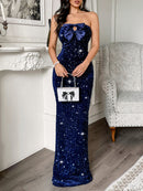 Women's Sexy Maxi Dress Elegant Strapless Sequin Evening Gown