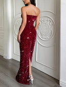 Women's Sexy Maxi Dress Elegant Strapless Sequin Evening Gown