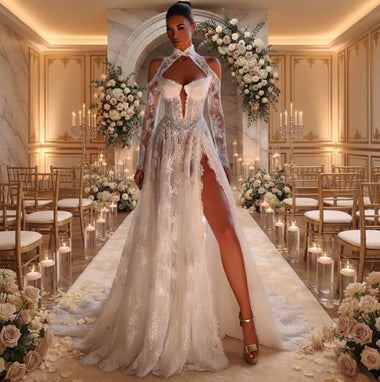 Juliette Lace Mermaid Wedding Dress with Long Sleeves & High Side Slit - 0