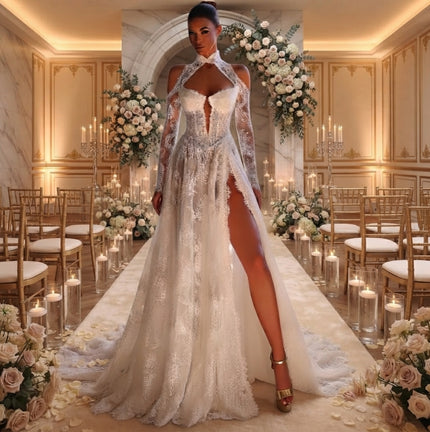 Juliette Lace Mermaid Wedding Dress with Long Sleeves & High Side Slit - 0
