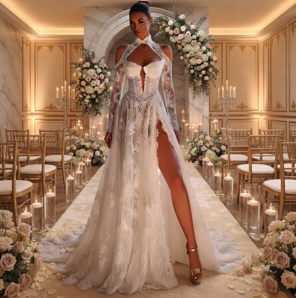 Juliette Lace Mermaid Wedding Dress with Long Sleeves & High Side Slit