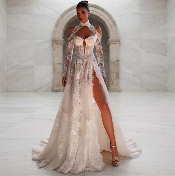 Juliette Lace Mermaid Wedding Dress with Long Sleeves & High Side Slit