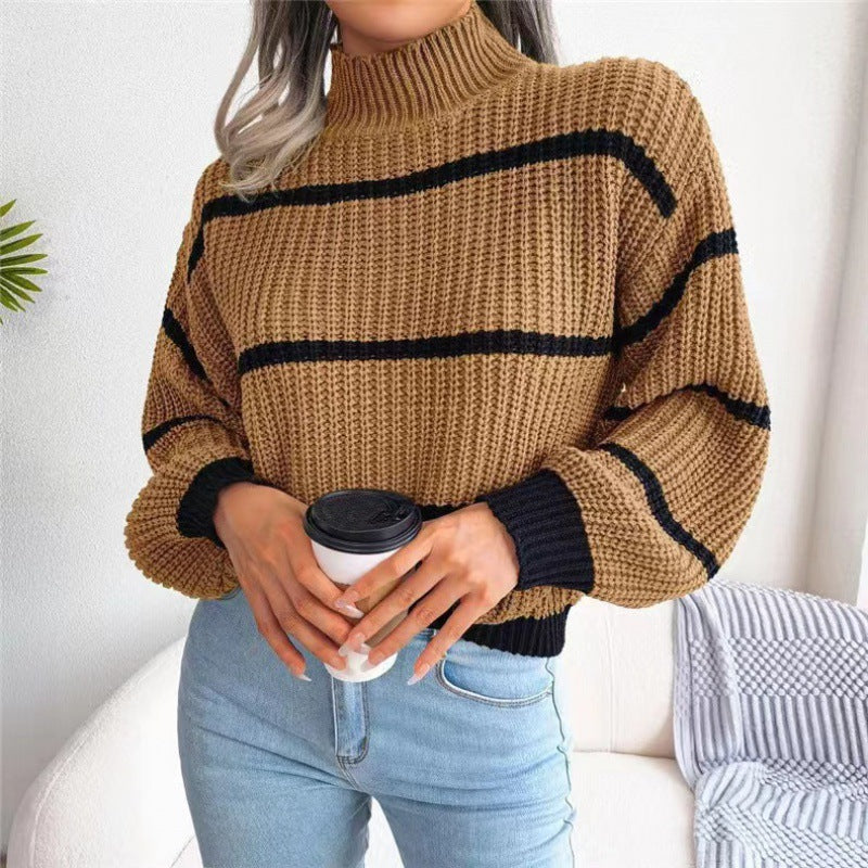 Women's sweater knitted turtleneck , casual striped, lantern sleeve