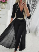 Women’s Jumpsuit Elegant Sheer Mesh V Neck Sexy Layered Bodysuit-3