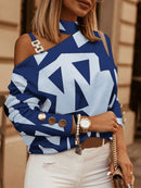 Women's shirt buttoned with geometric and printed pattern, halter neck