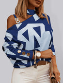 Women's shirt buttoned with geometric and printed pattern, halter neck