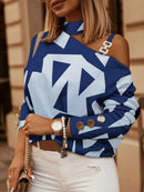 Women's shirt buttoned with geometric and printed pattern, halter neck