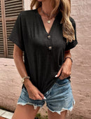 Women's T-shirt V-neck casual short-sleeved, decorative solid button