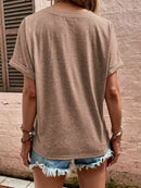 Women's T-shirt V-neck casual short-sleeved, decorative solid button