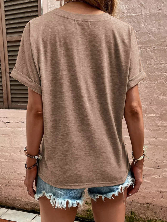 Women's T-shirt V-neck casual short-sleeved, decorative solid button