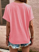 Women's T-shirt V-neck casual short-sleeved, decorative solid button