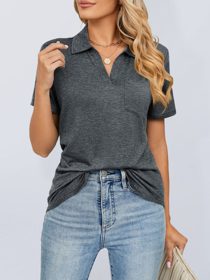 Women's T-Shirt polo elegant with pocket, solid color, short-sleeved, loose