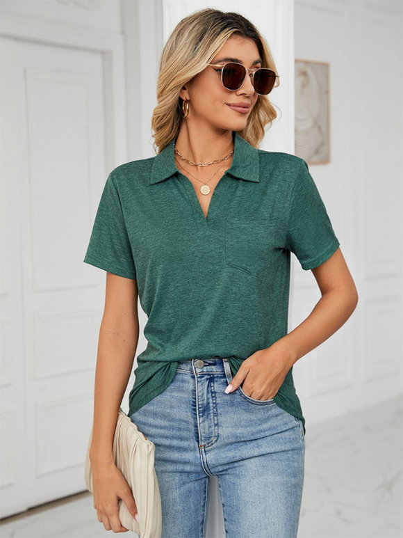 Women's T-Shirt polo elegant with pocket, solid color, short-sleeved, loose