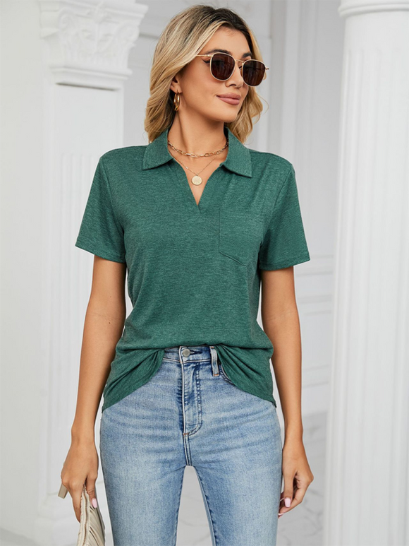 Women's T-Shirt polo elegant with pocket, solid color, short-sleeved, loose