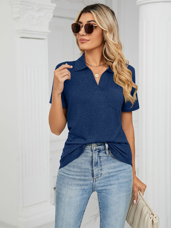 Women's T-Shirt polo elegant with pocket, solid color, short-sleeved, loose