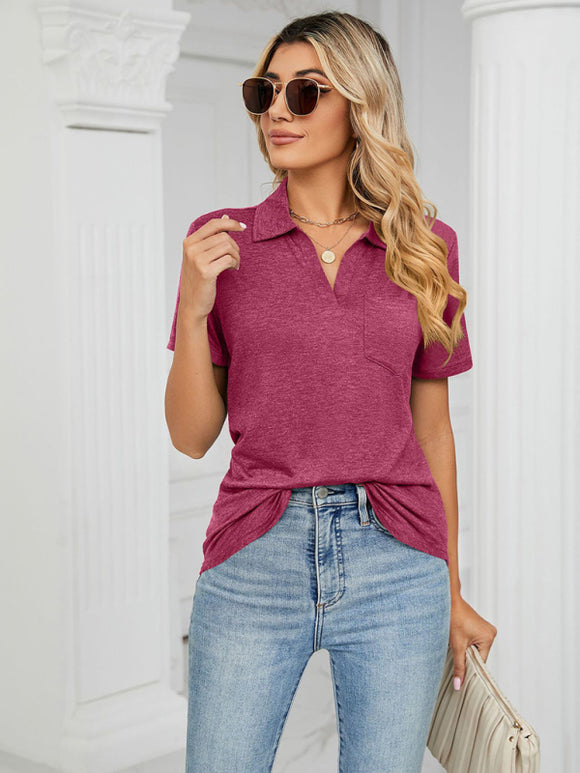 Women's T-Shirt polo elegant with pocket, solid color, short-sleeved, loose