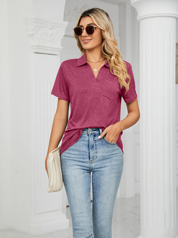 Women's T-Shirt polo elegant with pocket, solid color, short-sleeved, loose