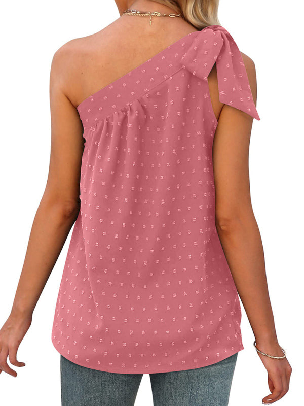 Women's shirt  ruffles and bow, One-shoulder polka dot top, tie straps