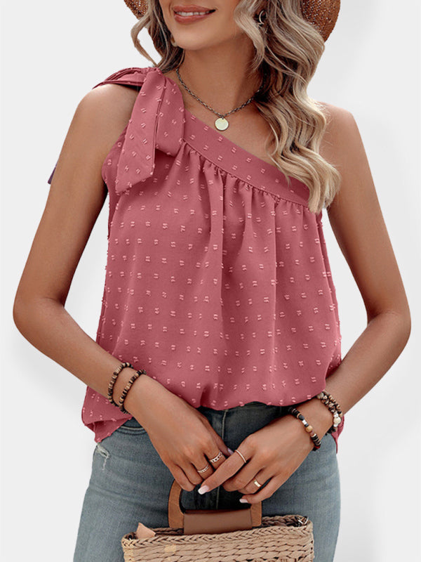 Women's shirt  ruffles and bow, One-shoulder polka dot top, tie straps