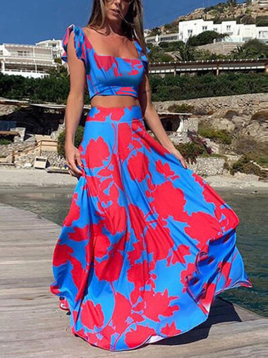 Women's set two-piece elegant print sexy big swing skirt, vacation