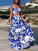 Women's set two-piece elegant print sexy big swing skirt, vacation