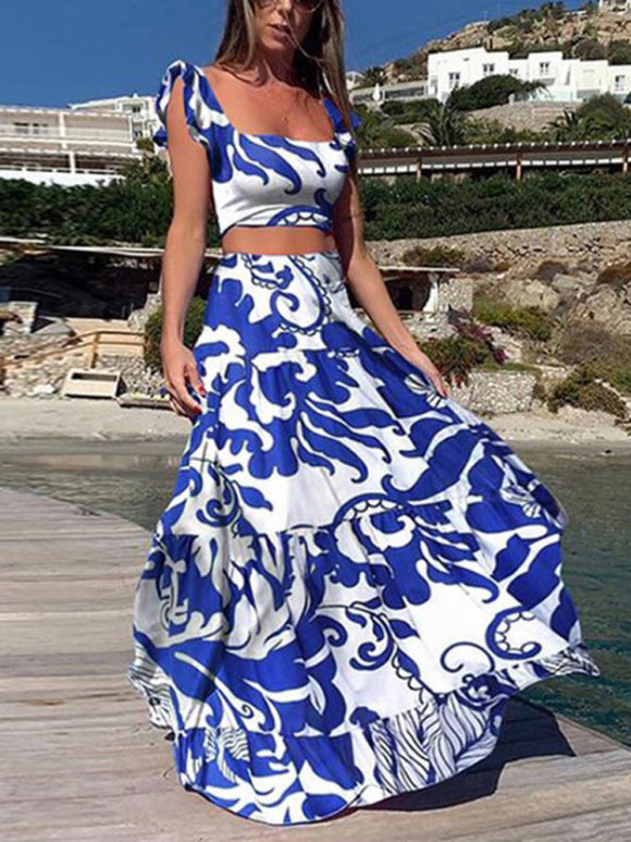 Women's set two-piece elegant print sexy big swing skirt, vacation