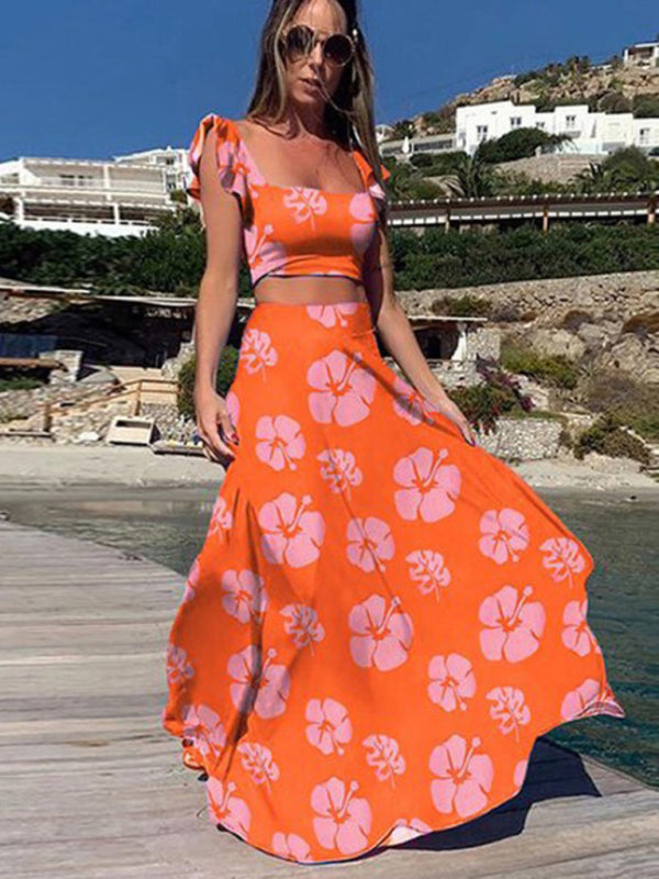 Women's set two-piece elegant print sexy big swing skirt, vacation