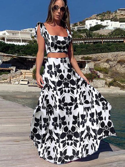 Women's set two-piece elegant print sexy big swing skirt, vacation