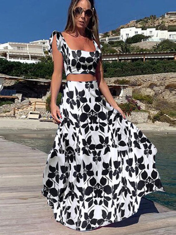 Women's set two-piece elegant print sexy big swing skirt, vacation
