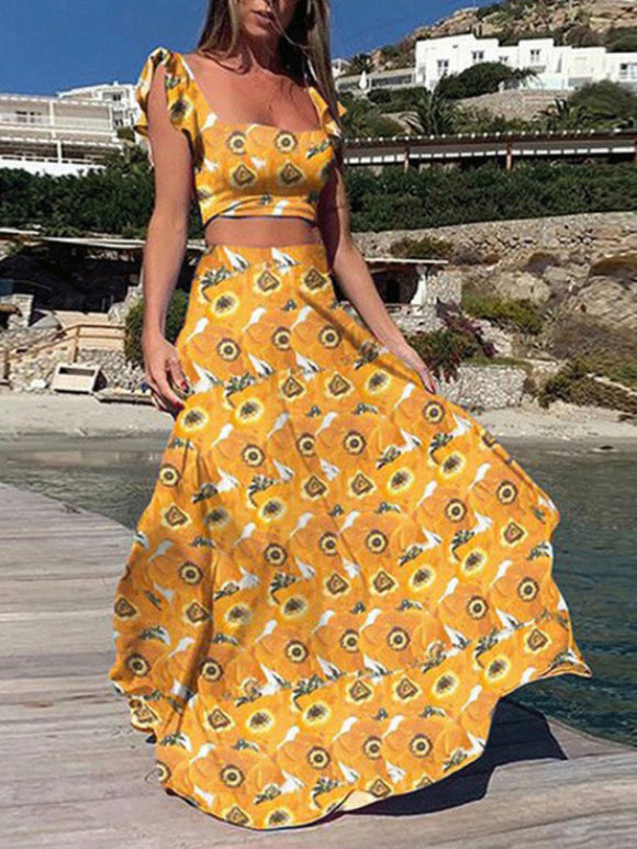 Women's set two-piece elegant print sexy big swing skirt, vacation