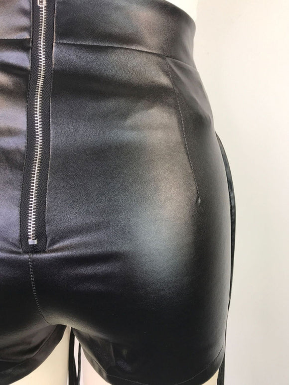 Women's Shorts PU leather sexy, braided leather rope, low waist zipper