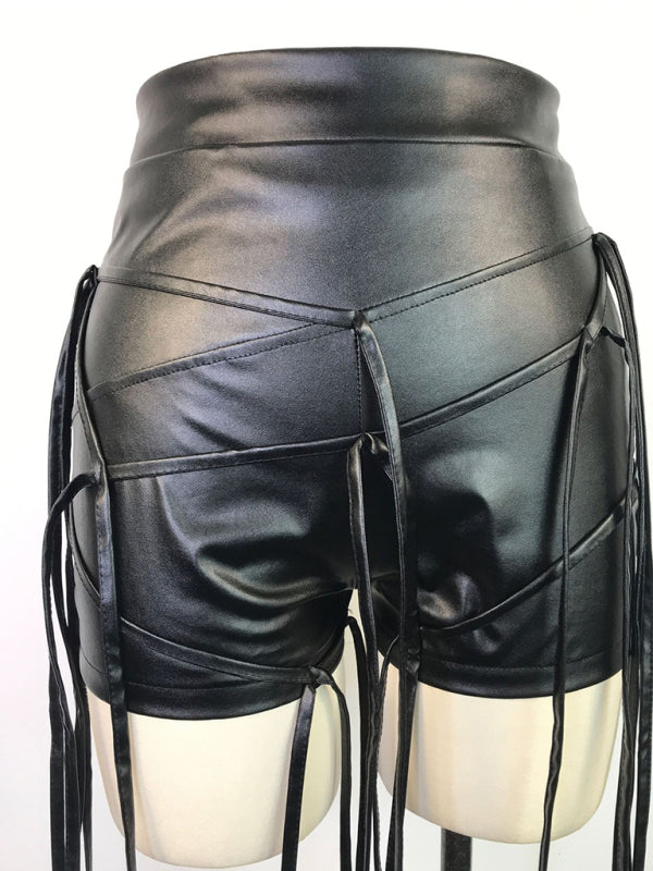 Women's Shorts PU leather sexy, braided leather rope, low waist zipper