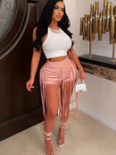 Women's Shorts PU leather sexy, braided leather rope, low waist zipper