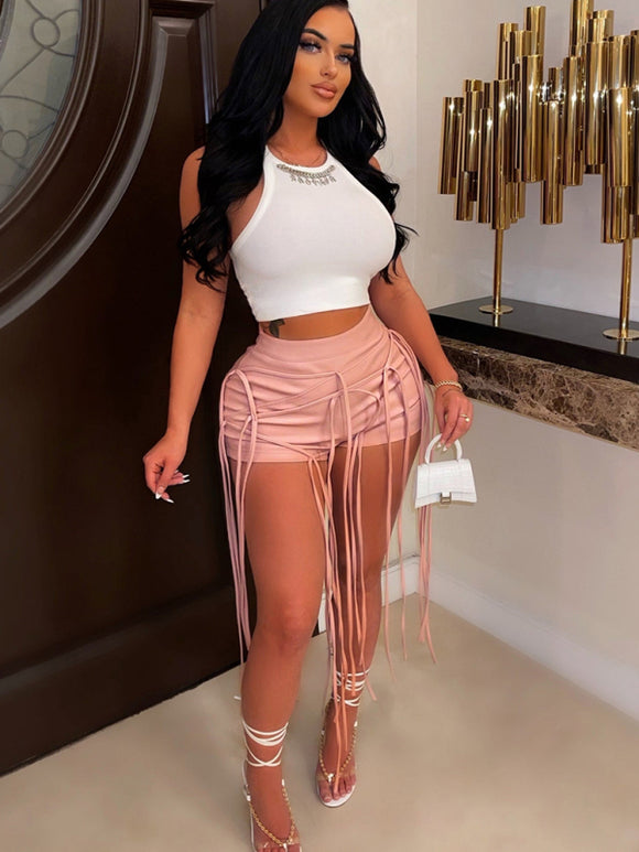 Women's Shorts PU leather sexy, braided leather rope, low waist zipper