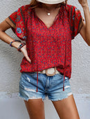 Women's shirt loose short-sleeved, V-neck, casual ethnic style, printed