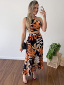 Women's set long skirt, short tank top, crossed lace-up print, summer, sexy