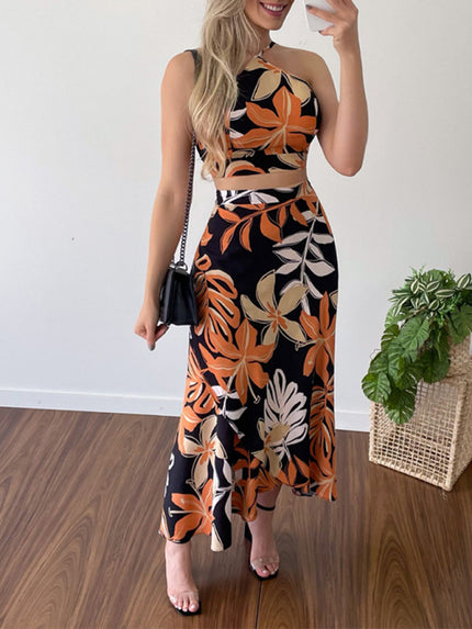 Women's set long skirt, short tank top, crossed lace-up print, summer, sexy