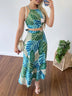 Women's set long skirt, short tank top, crossed lace-up print, summer, sexy