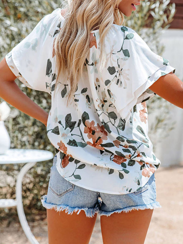Women's shirt elegant printed flower v-neck half cardigan loose