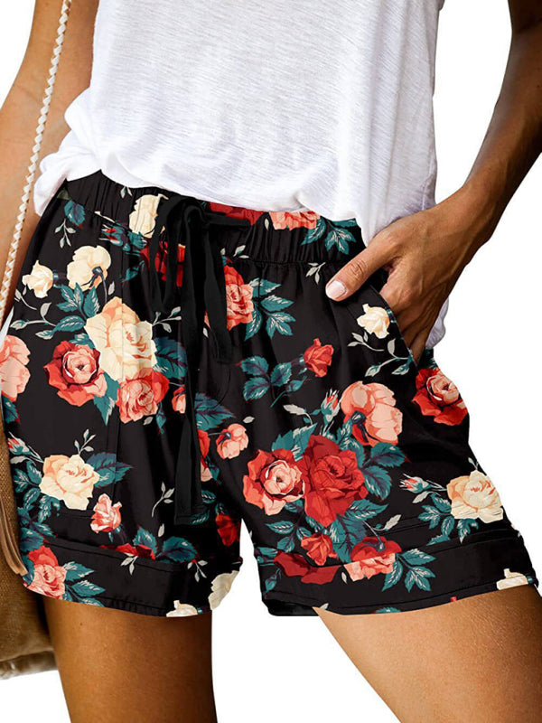Women's Shorts elegant casual floral print high waisted with drawstring