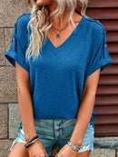 Women's T-shirt buttoned, elegant loose casual short sleeve, V-neck