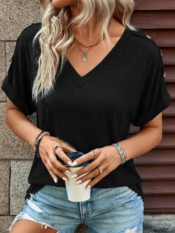 Women's T-shirt buttoned, elegant loose casual short sleeve, V-neck