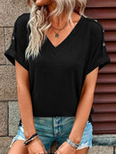 Women's T-shirt buttoned, elegant loose casual short sleeve, V-neck