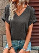 Women's T-shirt buttoned, elegant loose casual short sleeve, V-neck