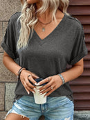 Women's T-shirt buttoned, elegant loose casual short sleeve, V-neck