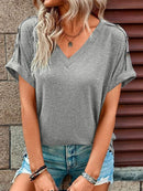 Women's T-shirt buttoned, elegant loose casual short sleeve, V-neck