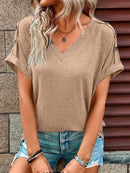 Women's T-shirt buttoned, elegant loose casual short sleeve, V-neck