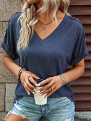 Women's T-shirt buttoned, elegant loose casual short sleeve, V-neck