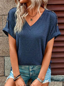 Women's T-shirt buttoned, elegant loose casual short sleeve, V-neck