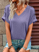 Women's T-shirt buttoned, elegant loose casual short sleeve, V-neck